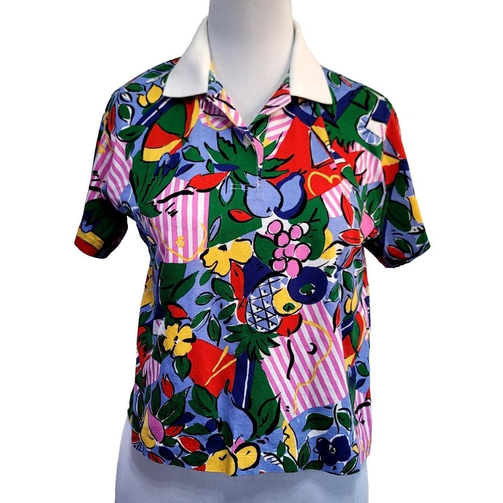 Nine Club Vintage 90s Fruit Floral Print Polo Top Multicolor Eclectic Pop Art